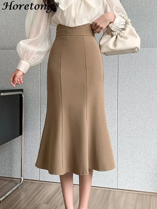 Horetong High Waist Mermaid Midi Skirt Women Autumn Winter Wrap Hip Skirts Korean Office Lady Fashion Elegant Solid Skirt 2022